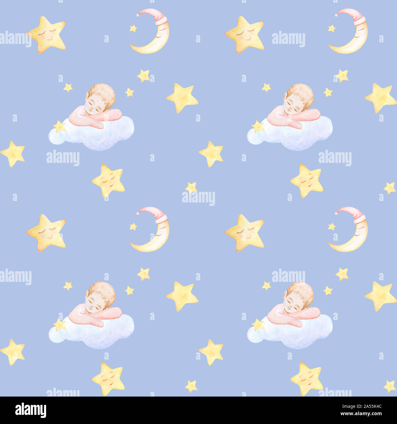 Seamless baby pattern. Kids prints. Baby sleeping on the cloud. Newborn. Moon, stars sleep. Watercolor. Blue background. Print quality Stock Photo