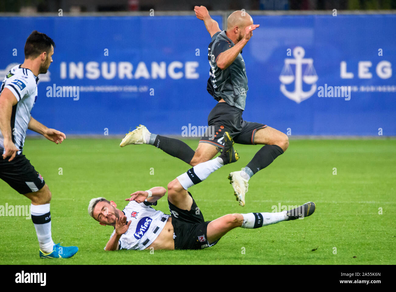 RIGA, LATVIA. 17th of July, 2019. Dean Jarvis (L) and Roman Debelkoe (R), during UEFA Champions League 1st round 2nd leg football game between RIGA FC and DUNDALK FC. Skonto stadium, Riga Stock Photo