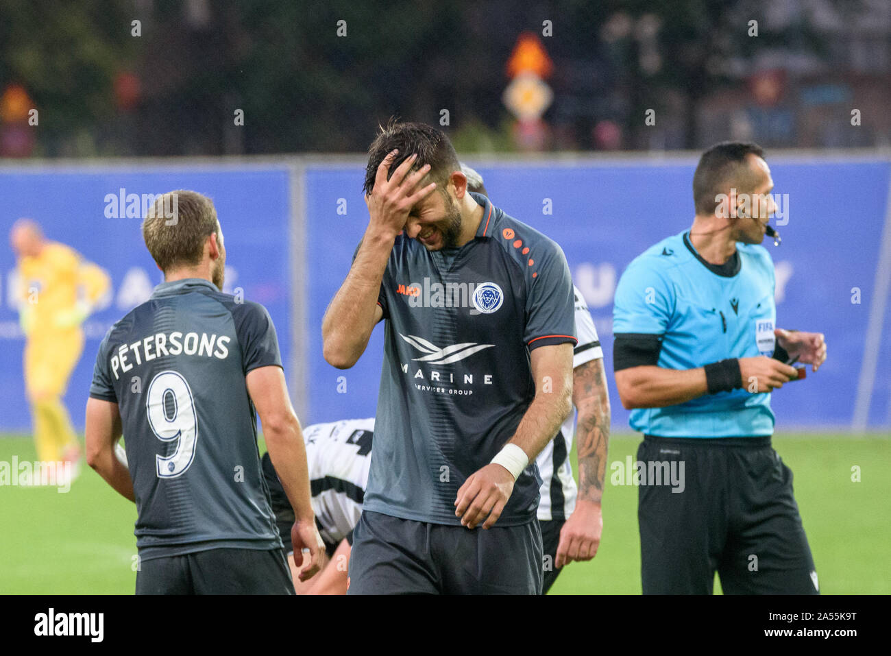 RIGA, LATVIA. 17th of July, 2019. Herdi Prenga (C), after receiving red card, during UEFA Champions League 1st round 2nd leg football game between RIGA FC and DUNDALK FC. Skonto stadium, Riga Stock Photo