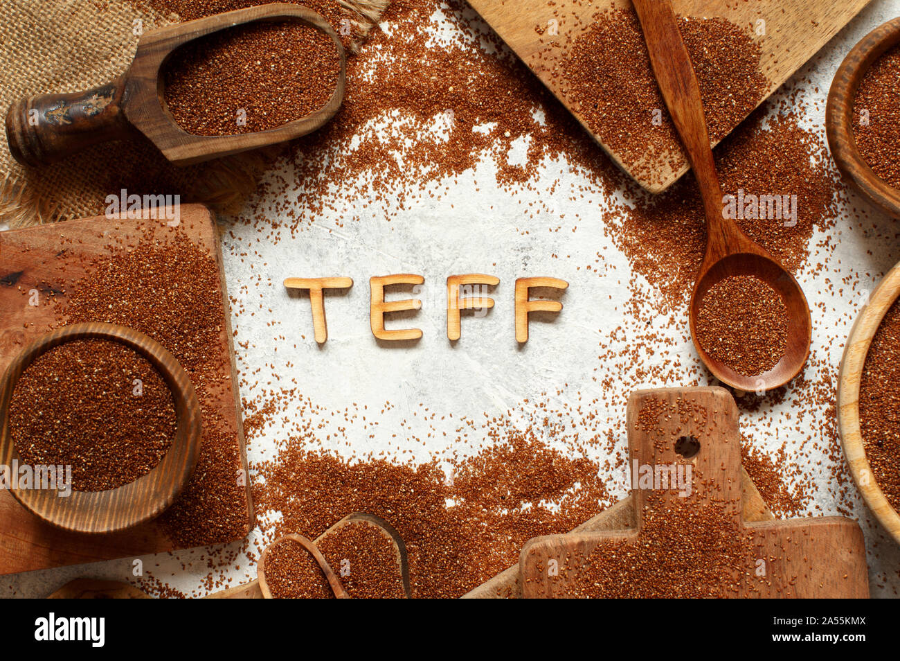 Uncooked teff grain with a word top view Stock Photo Alamy