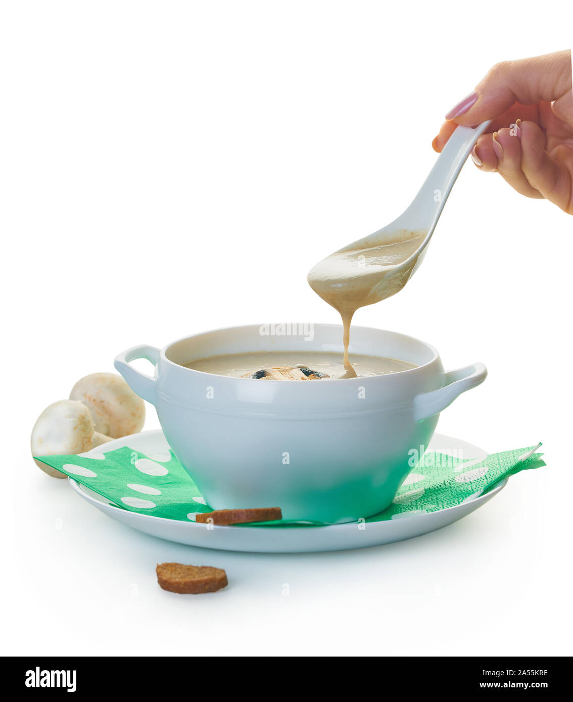 mushroom cream soup on a white isolated background Stock Photo - Alamy