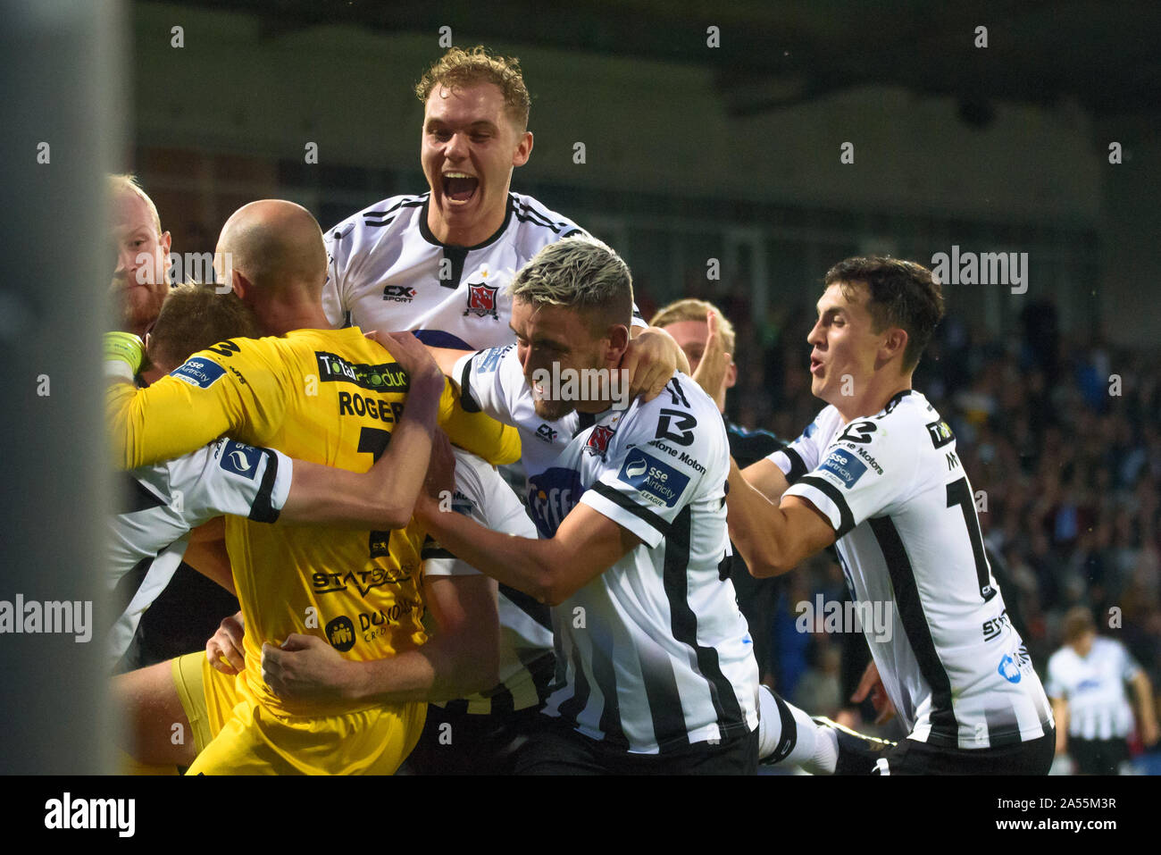 RIGA, LATVIA. 17th of July, 2019. Gary Rogers (L), Dean Jarvis celebrates win with other teammates of DUNDALK FC, after win at UEFA Champions League 1st round 2nd leg football game between RIGA FC and DUNDALK FC. Skonto stadium, Riga Stock Photo