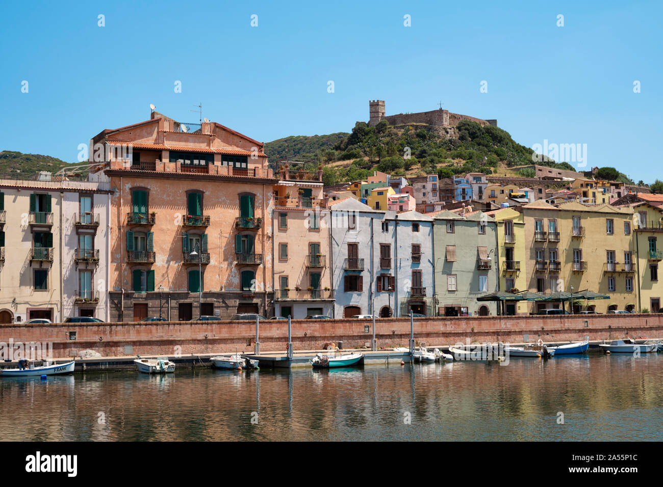The colourful Bosa town and the Castle of Serravalle on the Temo river in the province of Oristano on the west coast of Sardinia Italy Europe Stock Photo