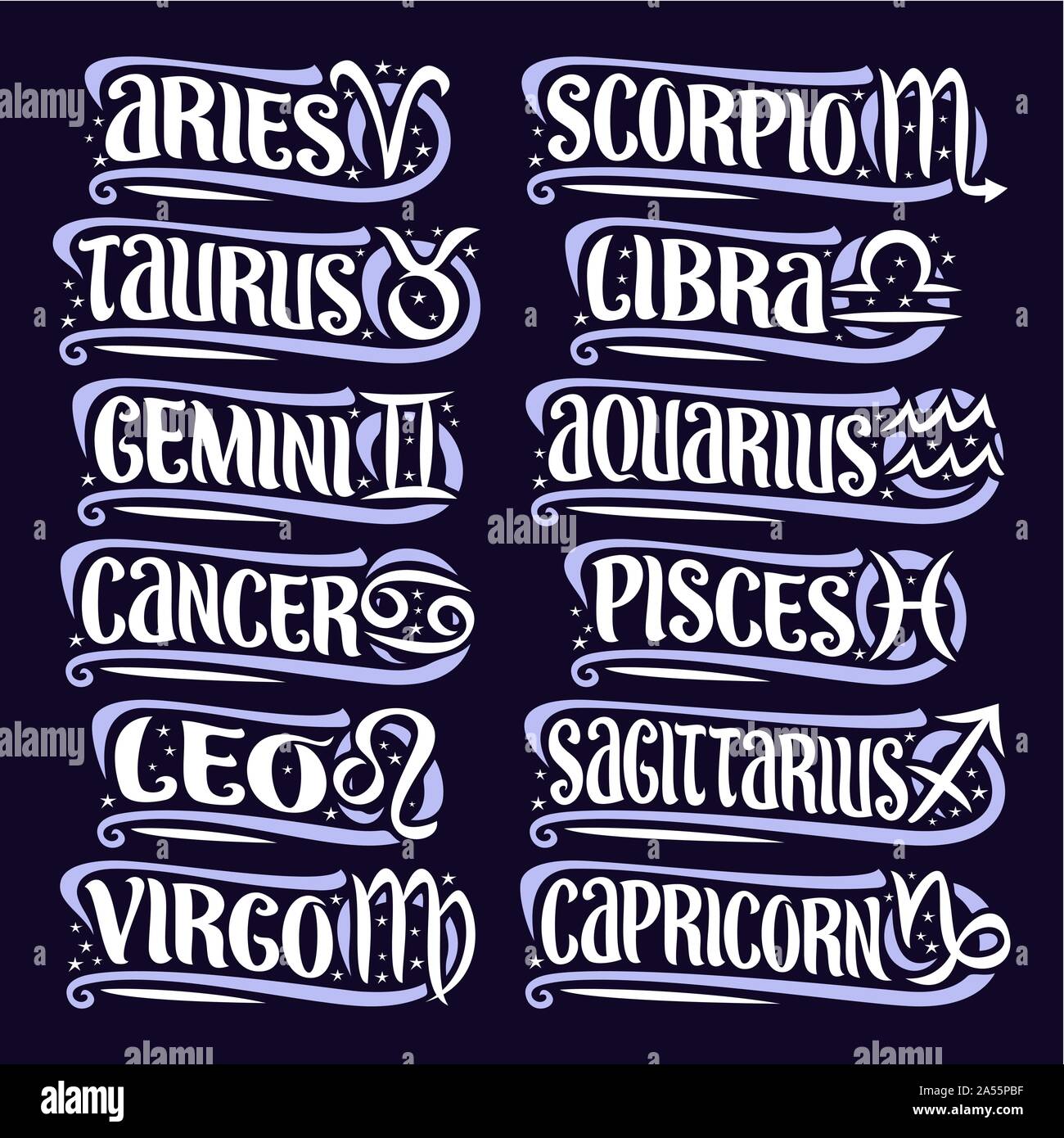 Vector set of Zodiac Signs, collection of 12 astrology symbols with