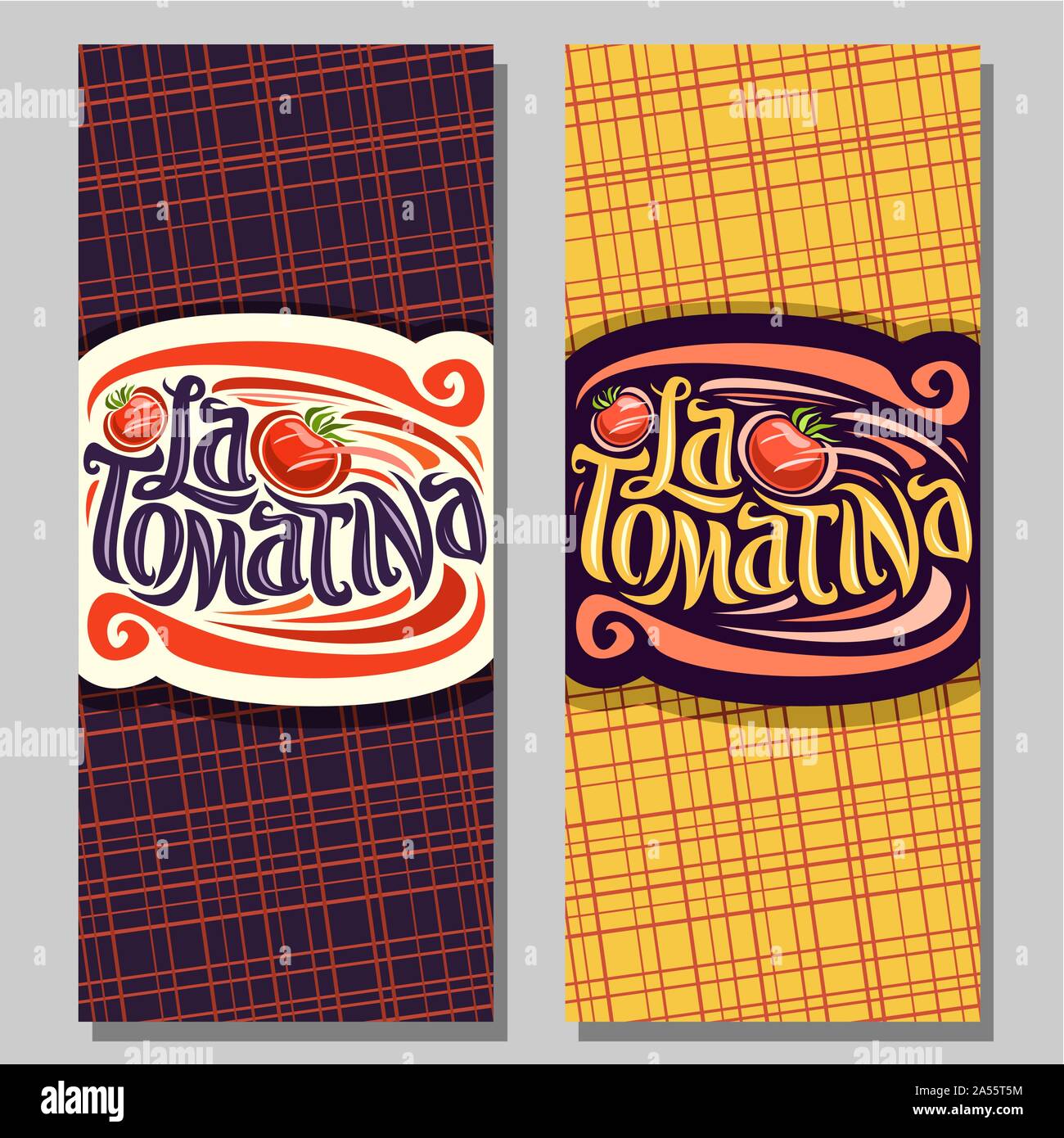 Vector vertical banners for Tomatina festival, sign with throwing tomato vegetables for fun madness spanish fest in Bunol, original brush typeface for Stock Vector