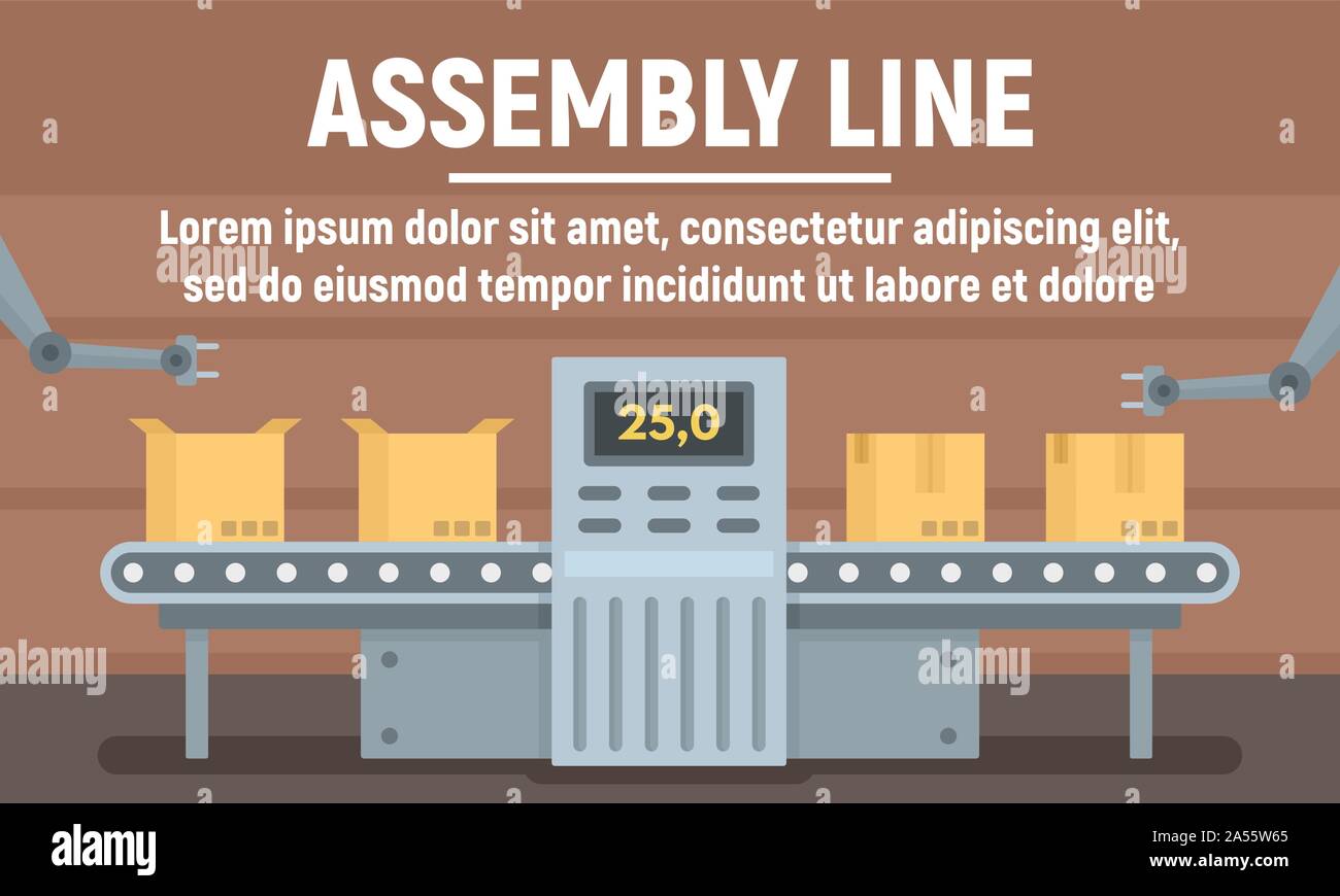 Parcel assembly line concept banner. Flat illustration of parcel assembly line vector concept banner for web design Stock Vector