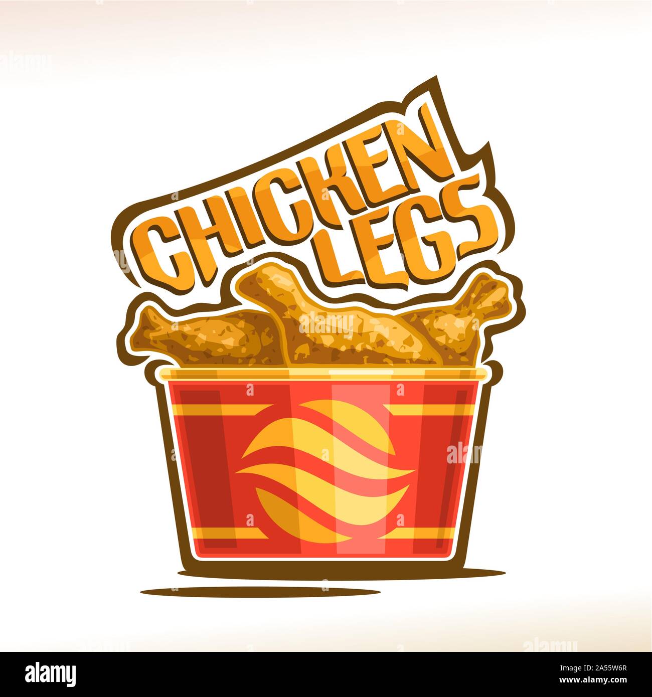 Vector logo for crispy Chicken Legs, poster with fatty barbecue drumsticks in red carton mini bucket, original typeface for words chicken legs, illust Stock Vector