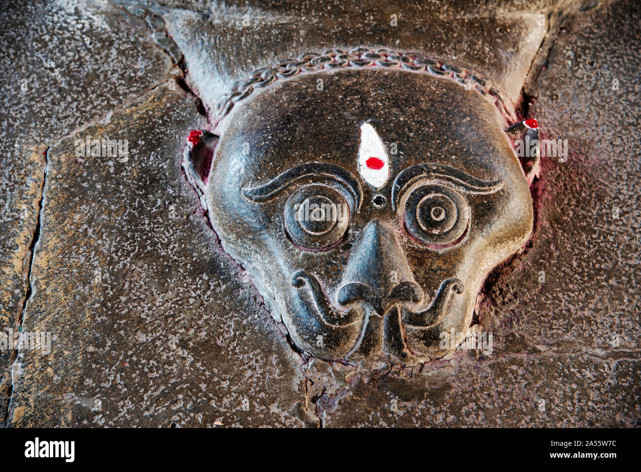 Close up of face resembling a human face of a huge tortoise carved in stone at Vitthal Rukmini Temple in Palashi, Ahmednagar District, Maharashtra, In Stock Photo