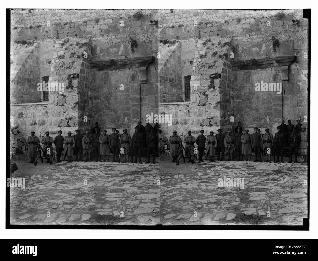 Various results of the war. British and French guards at the Church of the Nativity. Stock Photo