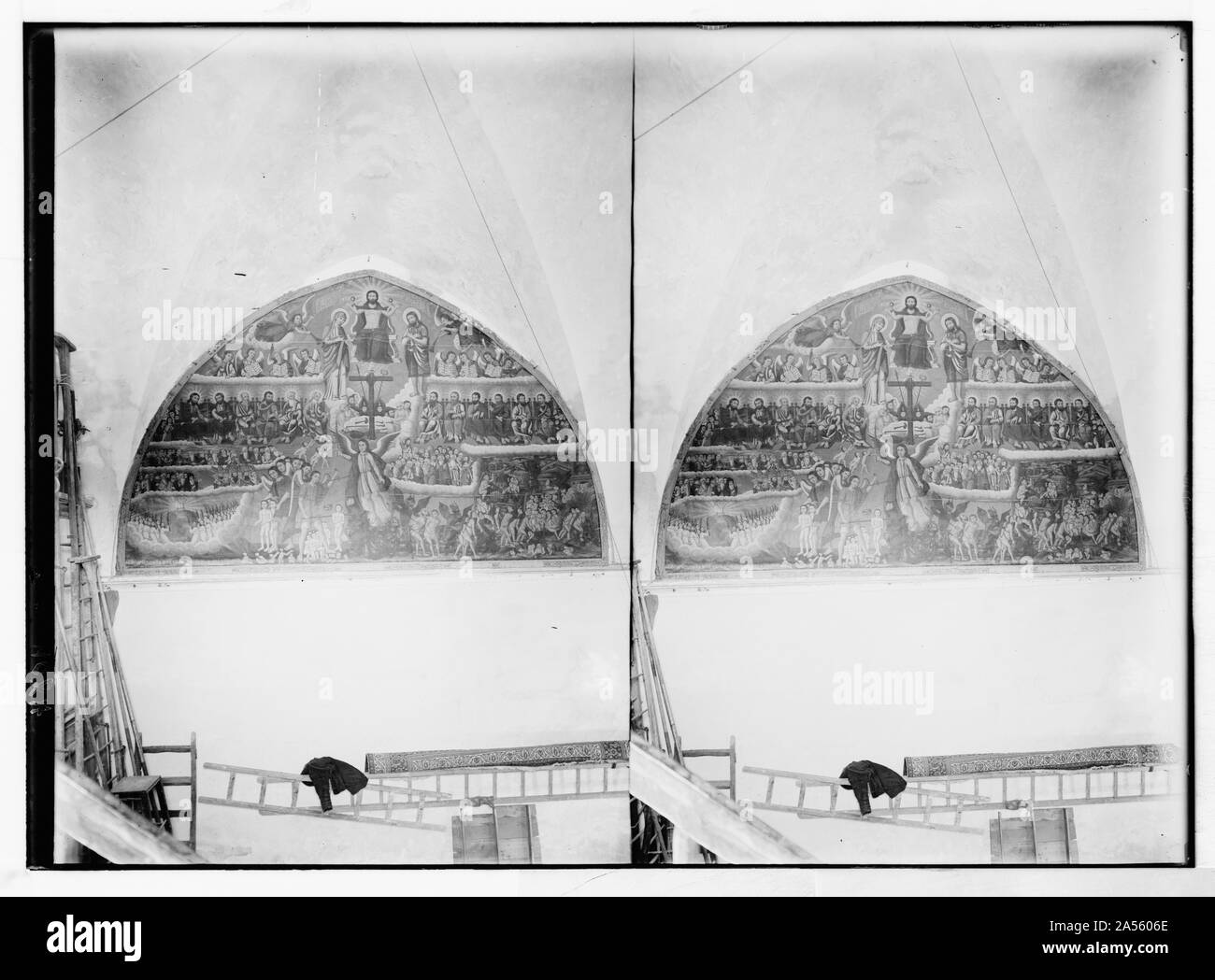 Various subjects of archaeological interest. Medieval painting of the Last Judgement. In Church of St. James. Stock Photo