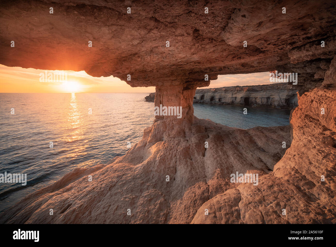 Sea caves in Cape Greko national park near Ayia Napa and Protaras on Cyprus island, Mediterranean Sea Stock Photo