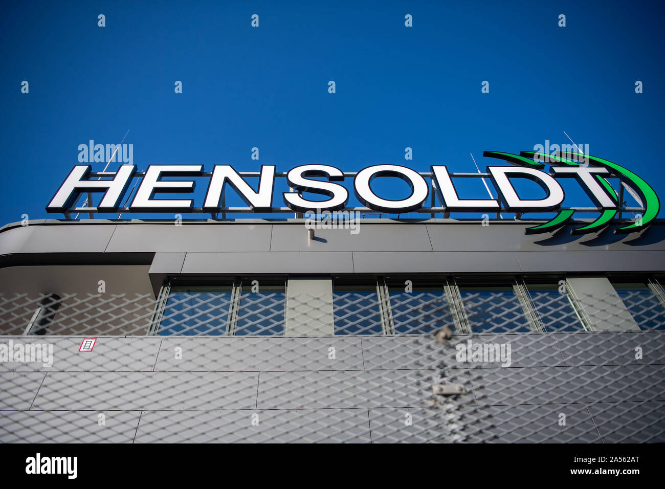 Taufkirchen, Germany. 16th Oct, 2019. The logo of the Hensoldt armaments group can be seen at the company headquarters. The main product areas of the multinational company are radars and optoelectronic systems, electronic warfare and avionics. Credit: Lino Mirgeler/dpa/Alamy Live News Stock Photo