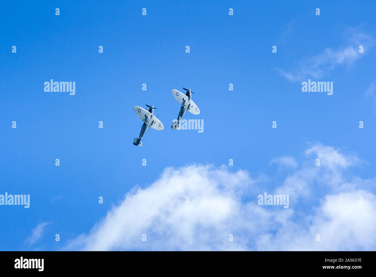 Two Spitfire planes performing at the Bournemouth Air Festival 2019. United Kingdom Stock Photo