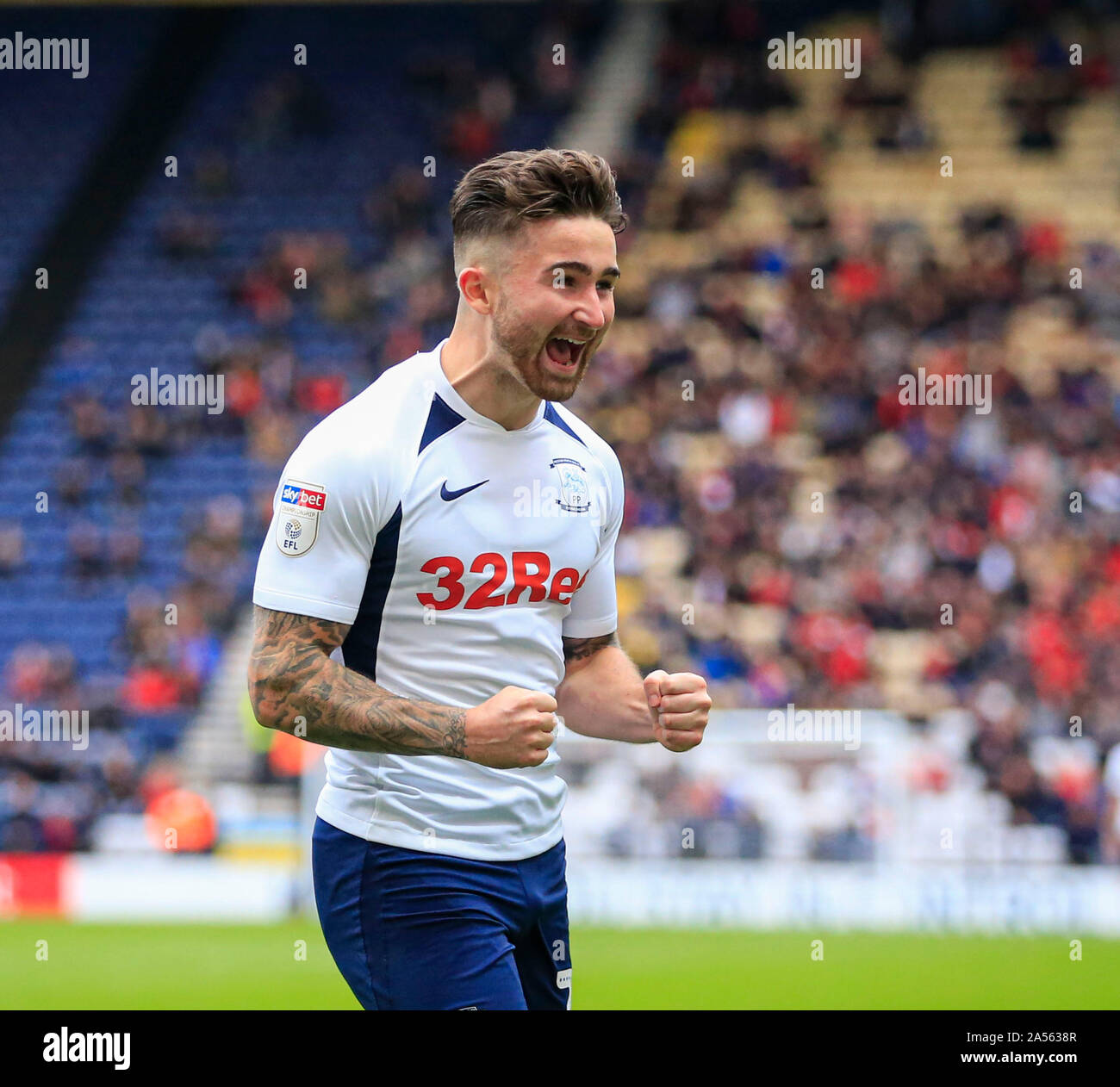 5th October 2019, Deepdale, Preston, England; Sky Bet Championship, Preston North End v Barnsley : Sean Maguire (24) runs to celebrate the goal by Thomas Barkhuizen (29) of Preston North End who scored in the 50th minute to make it 2-1 to Preston Credit: Conor Molloy/News Images Stock Photo