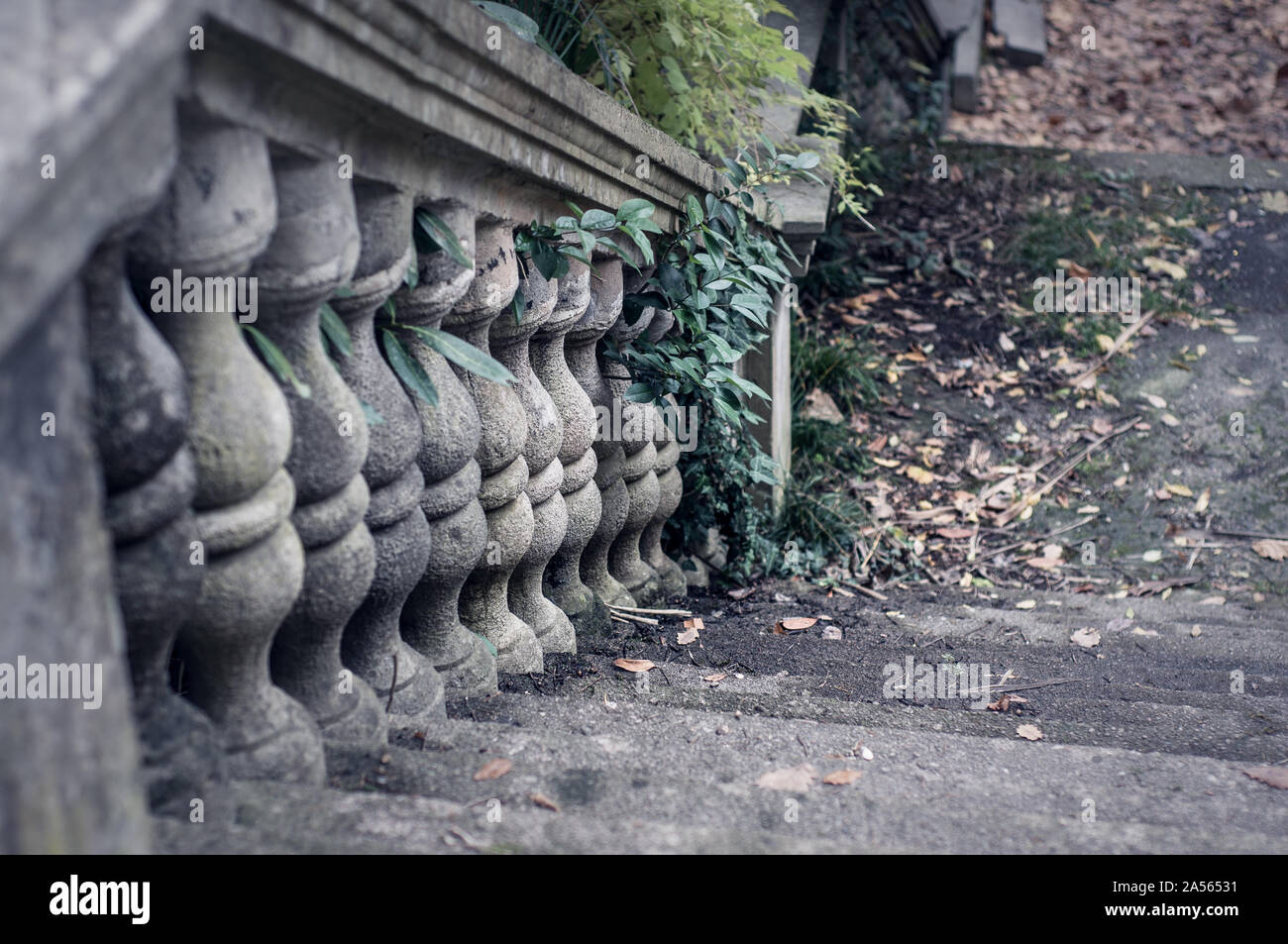 Balusters made of stone on the old historic staircase Stock Photo