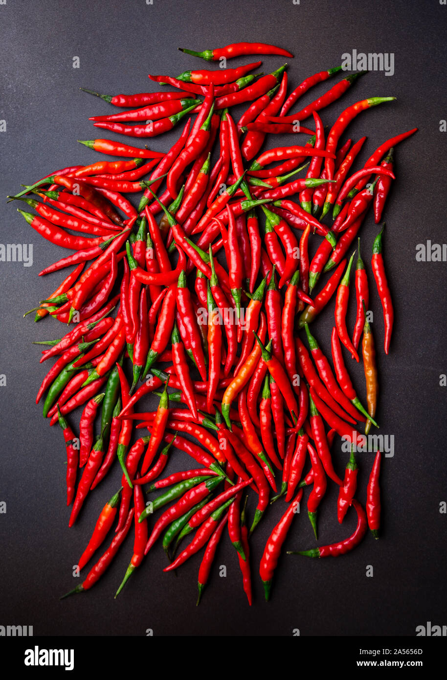Overhead view of freshly picked red Cayenne peppers Stock Photo