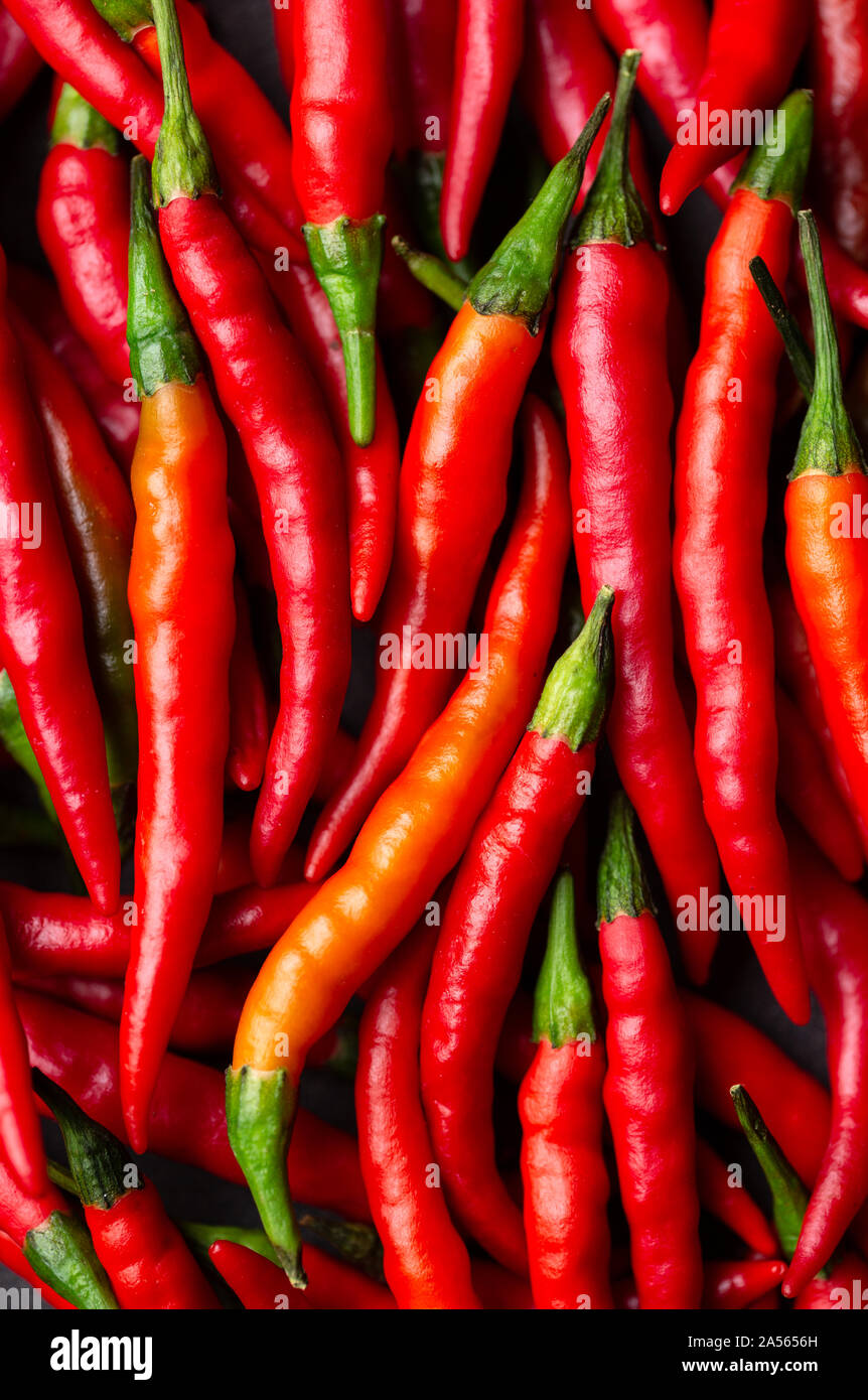 Overhead view of freshly picked red Cayenne peppers Stock Photo