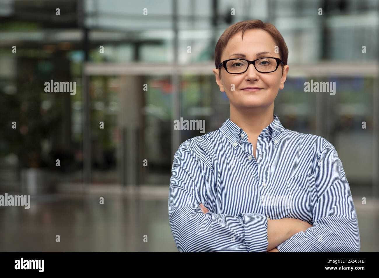 Business woman. Headshot of middle aged businesswoman in the office. Stock Photo