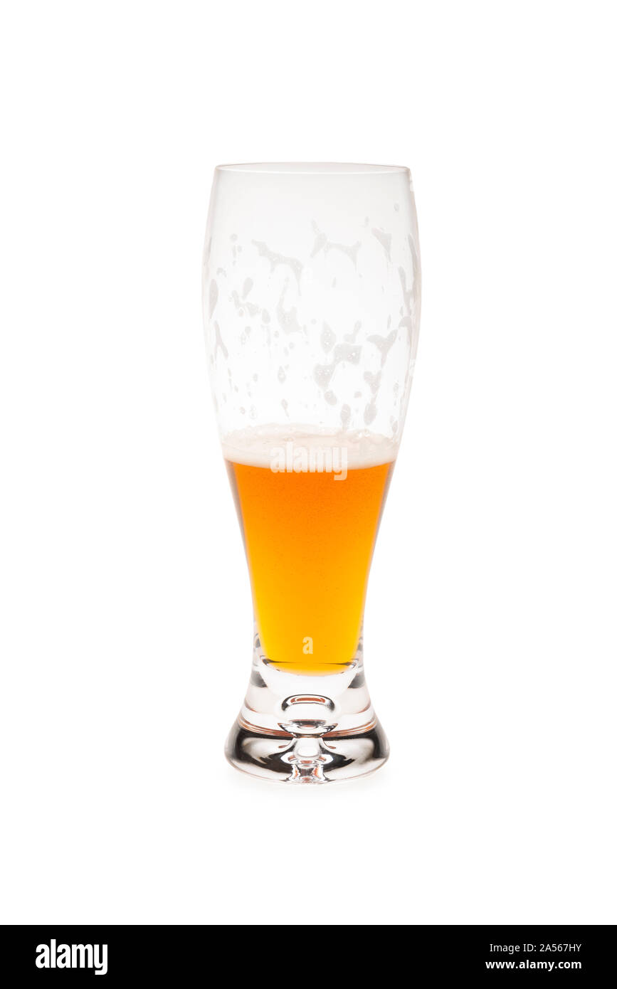 Half Empty Beer Glass With Foam On Glass. Stock Photo