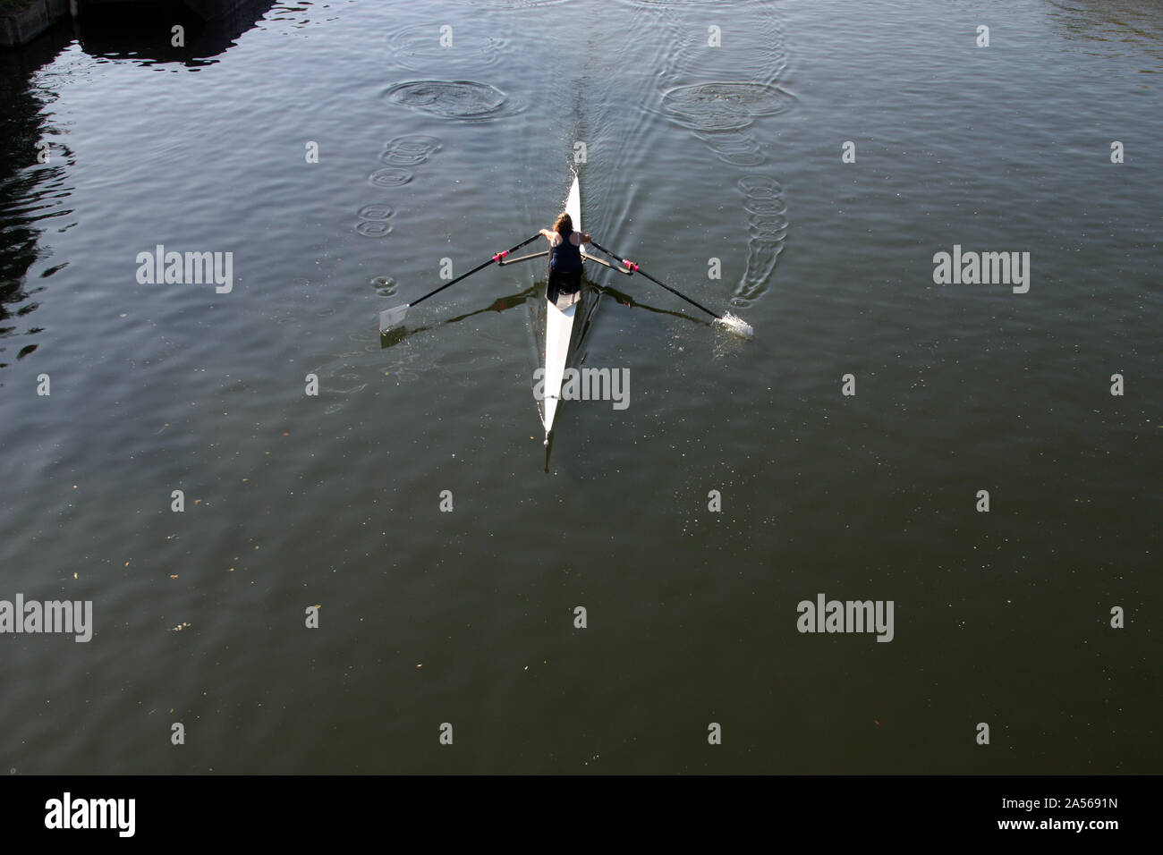 Aerial view of a rower rowing a single skull in Oxford on the Thames