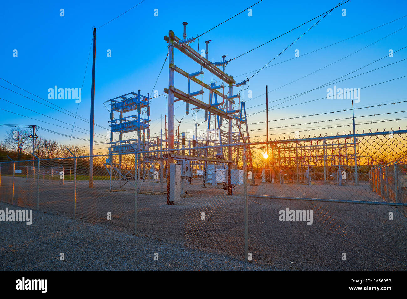 Transmission tower with blue sky. Stock Photo