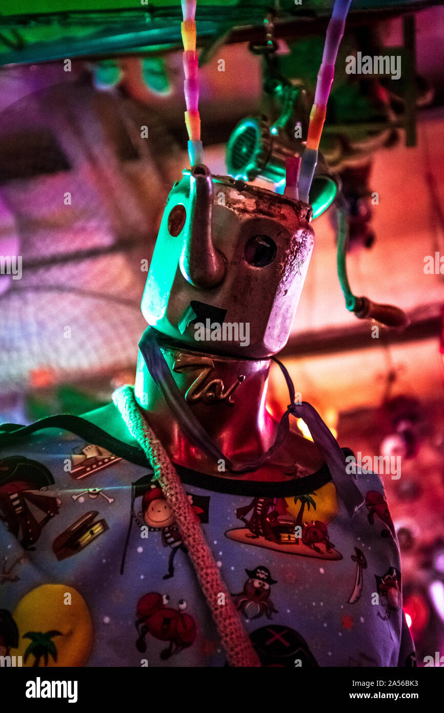 Weird doll made from manikin and water kettle in Szimpla Kert ruin pub in Budapest. Stock Photo