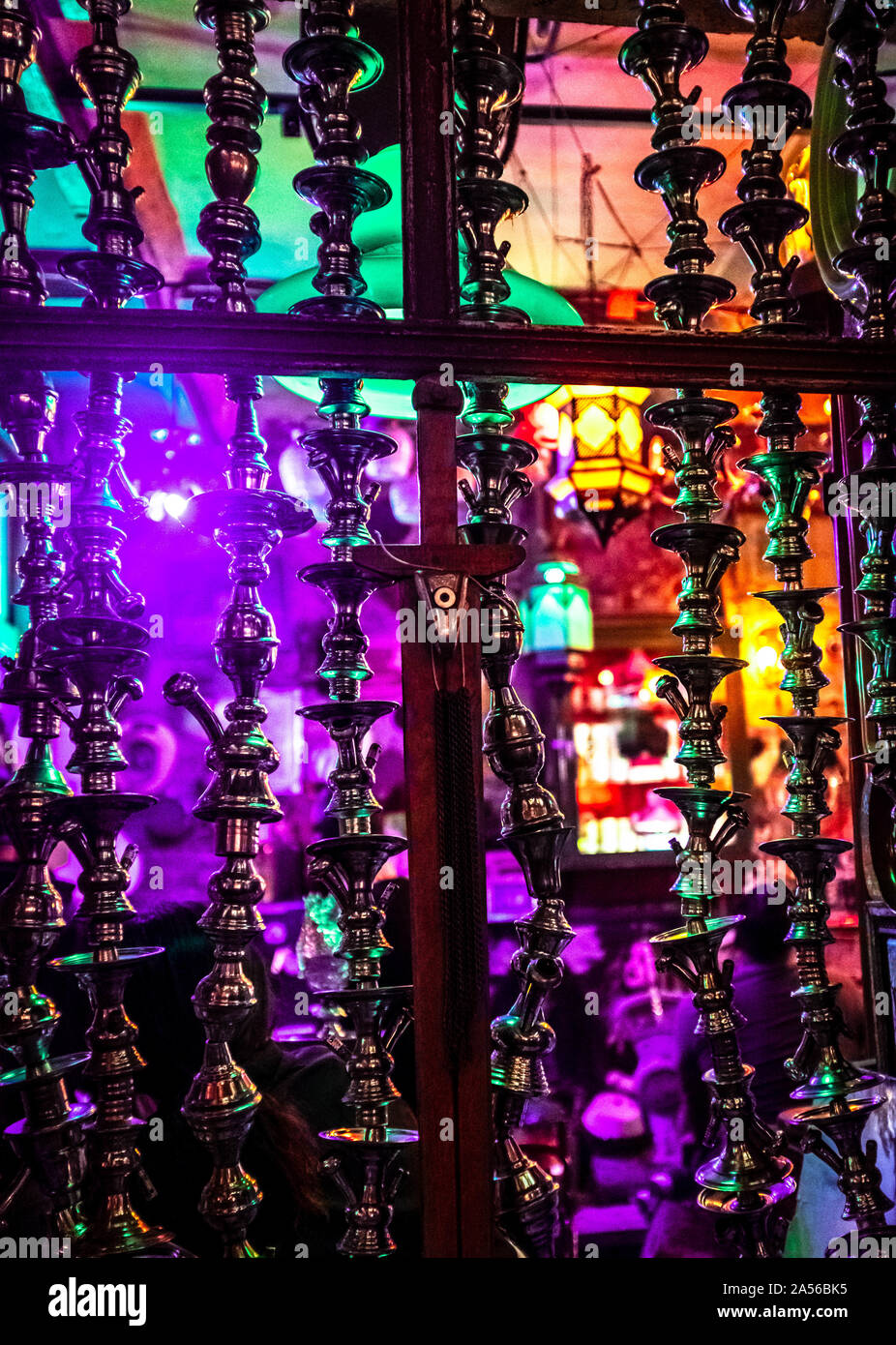 Window decorated with hookah pipe parts in Szimpla Kert ruin pub in Budapest. Stock Photo