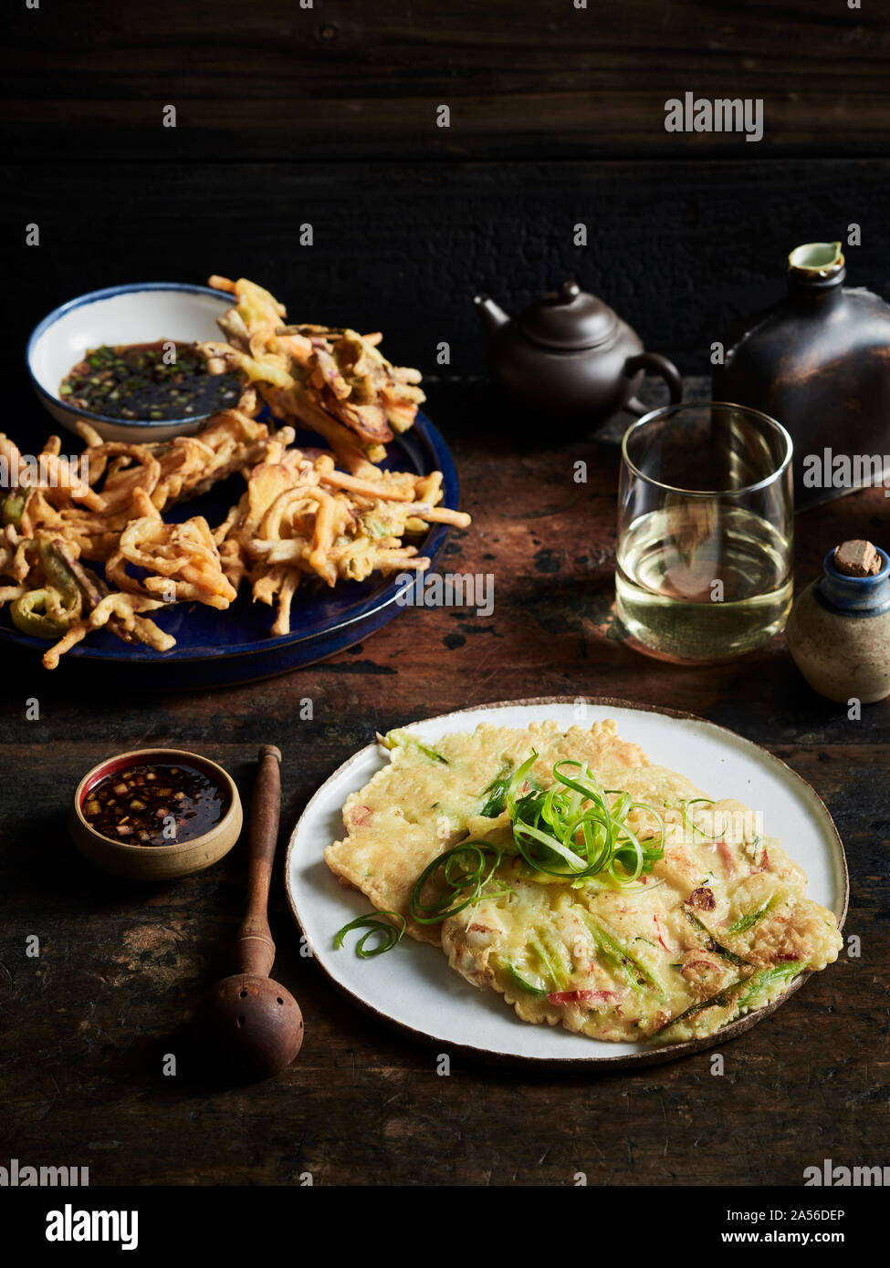 Vegetable twigim haemul pajueon, korean wine Stock Photo