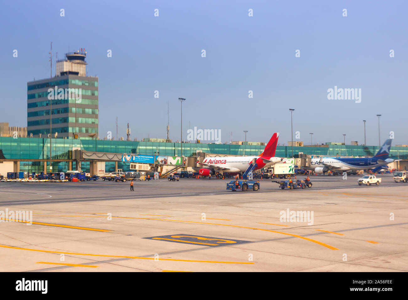 Lima, Peru – February 2, 2019: Airplanes at Lima airport (LIM) in Peru. Stock Photo
