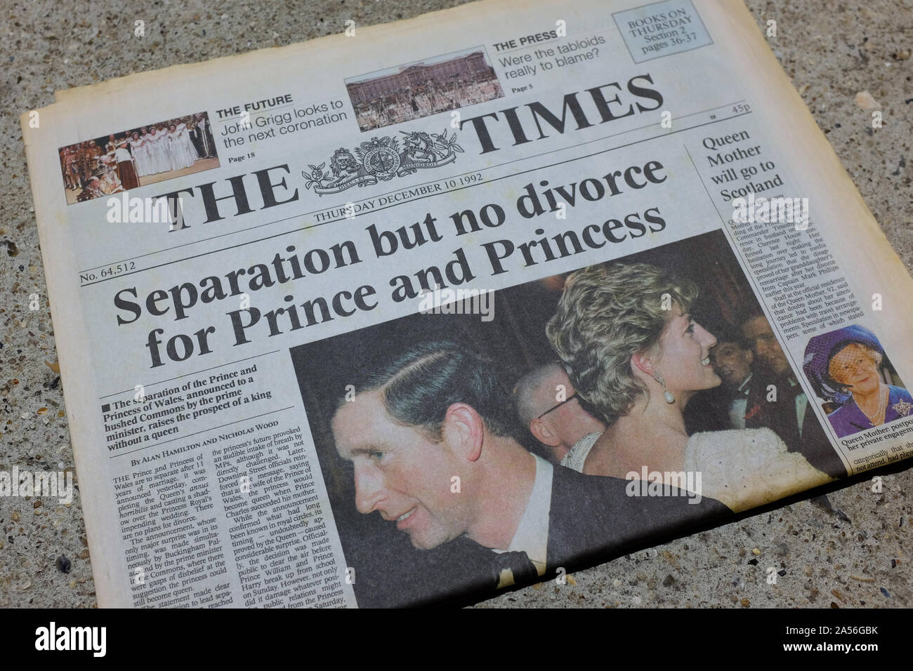 A report by The Times on 10th December, 1992, on the separation of Prince Charles and Princess Diana. Stock Photo