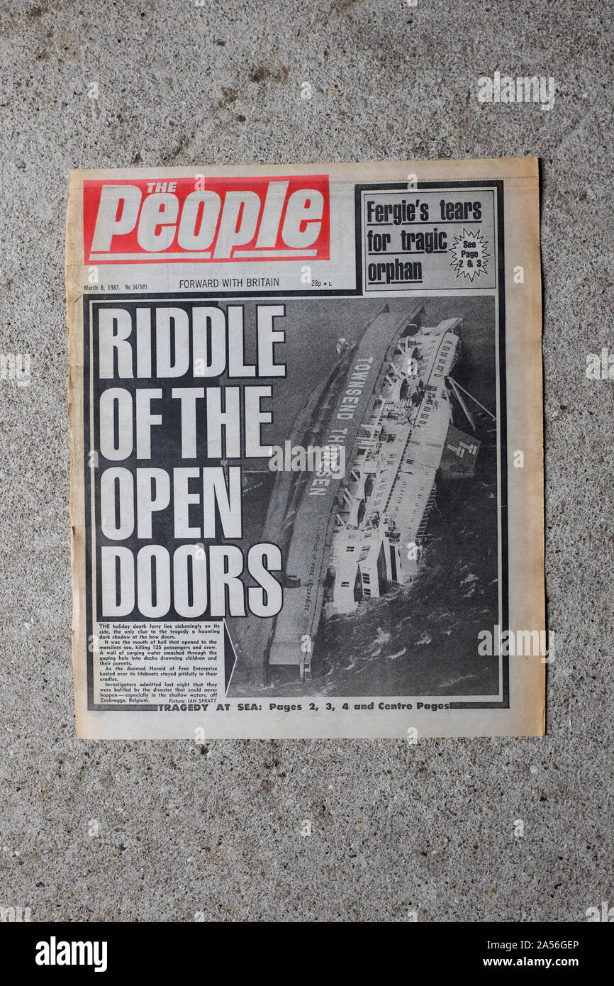 A British newspaper headline reporting the capsizing of Townsend Thoreson's Herald of Free Enterprise ferry in Zeebrugge, Belgium, on 6th March, 1987. Stock Photo