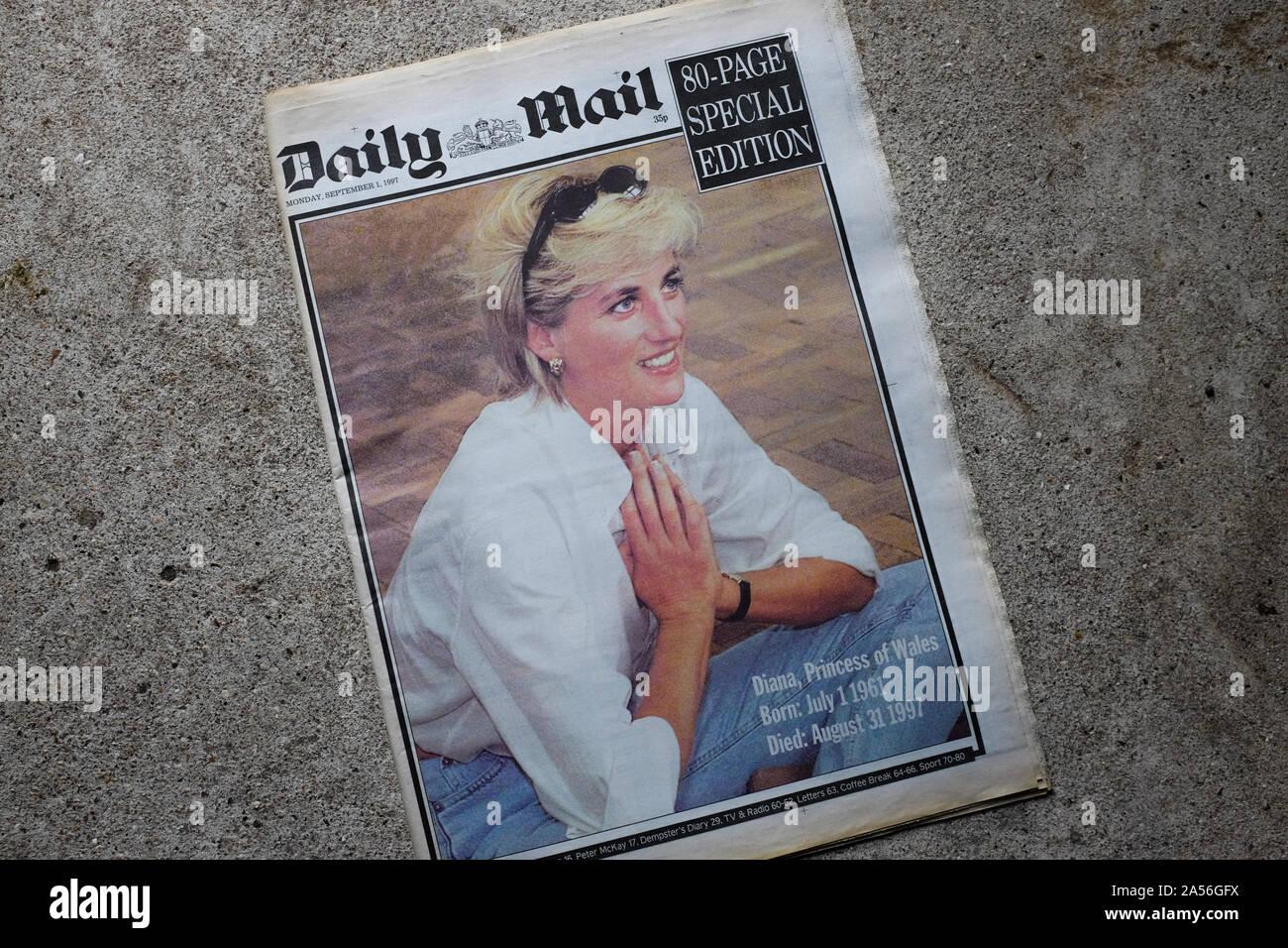 British newspaper published the day after the death of Princess Diana. NOTE: If used, the photo must be shown as part of the newspaper. Stock Photo