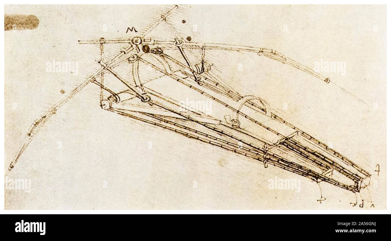 Leonardo Da Vinci, Flying machine design related to his studies on artificial flight, drawing, circa 1488 Stock Photo