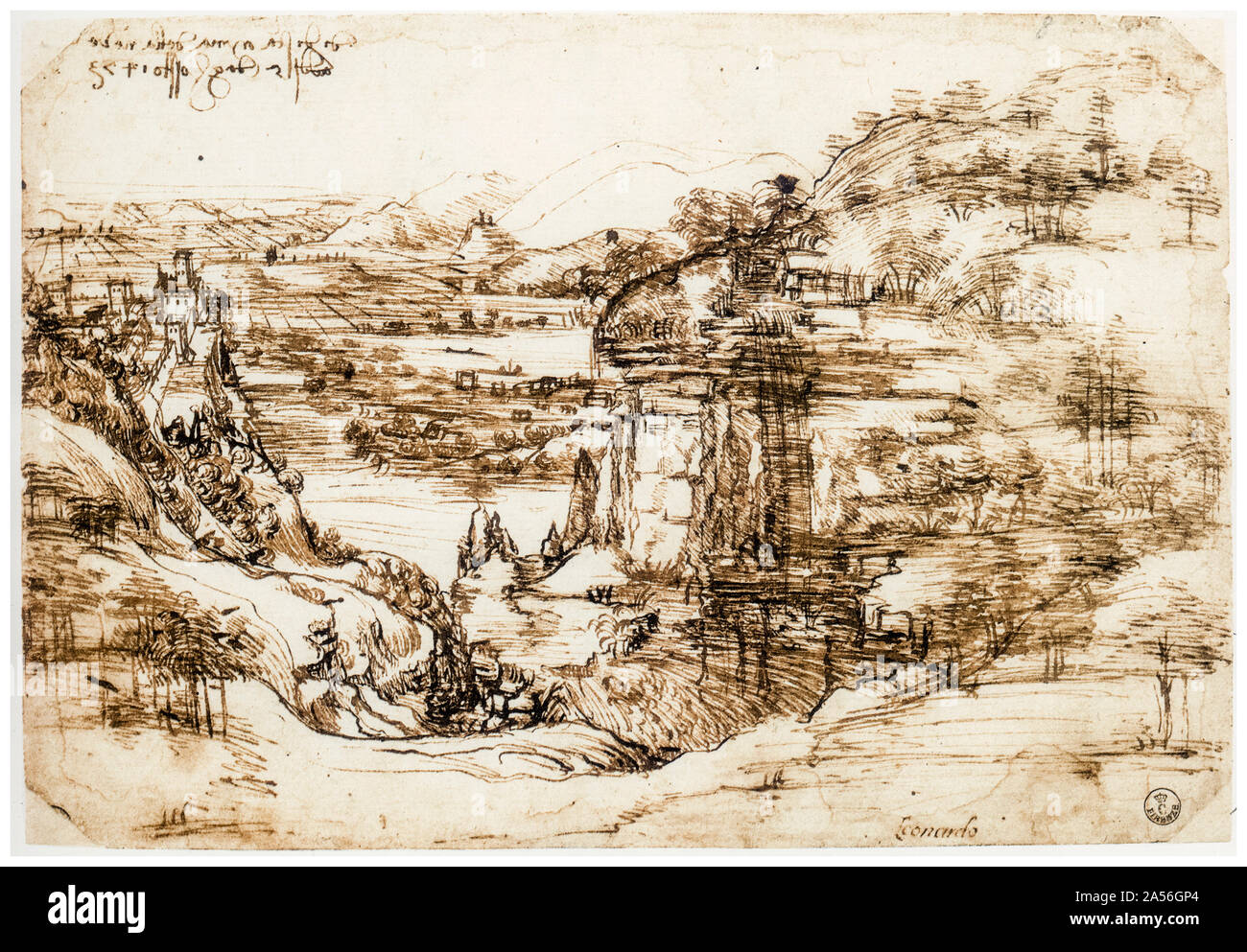 Leonardo Da Vinci, Landscape drawing of Santa Maria della Neve, 1473 Stock Photo