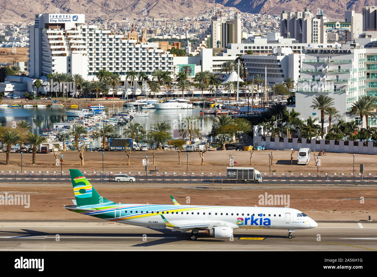 Eilat, Israel – February 20, 2019: Arkia Embraer 195 airplane at Eilat airport (ETH) in Israel. Stock Photo