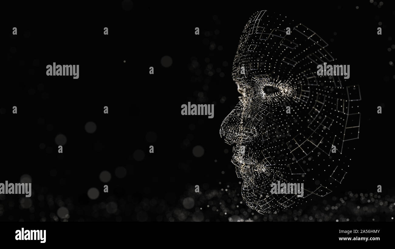 Human face consisting of luminous lines and dots. 3D illustration on a ...