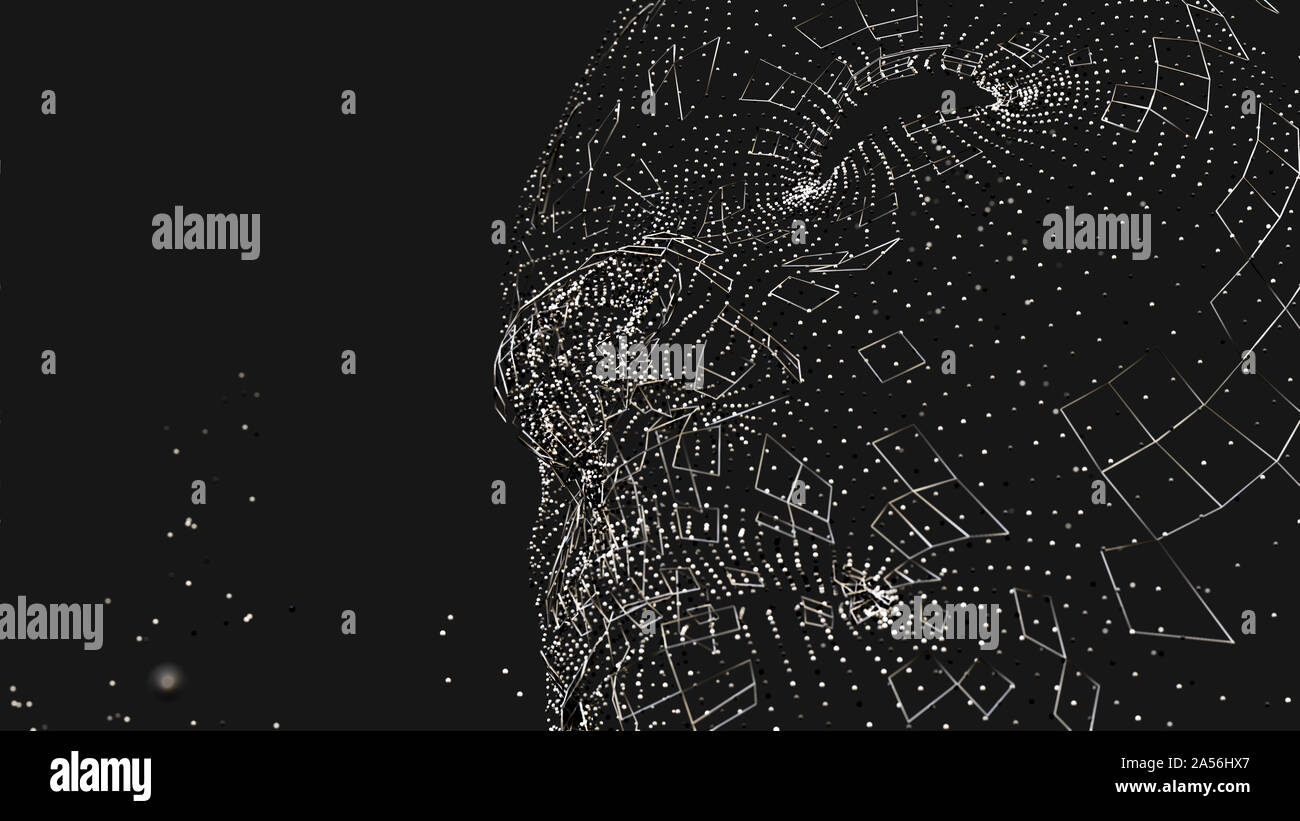 Human face consisting of luminous lines and dots. 3D illustration on a ...