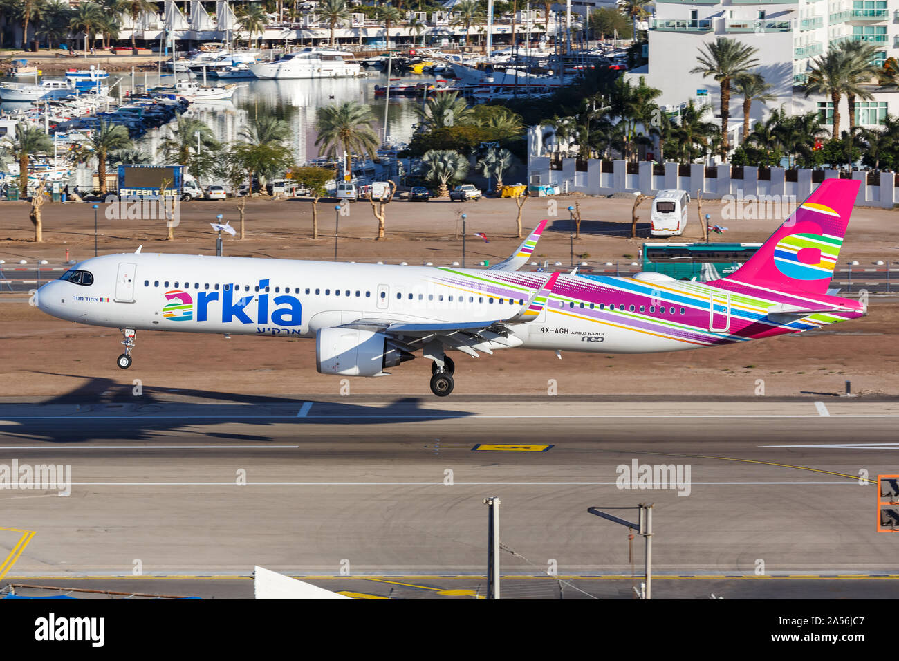 Eilat, Israel – February 20, 2019: Arkia Airbus A321neo airplane at Eilat airport (ETH) in Israel. Stock Photo