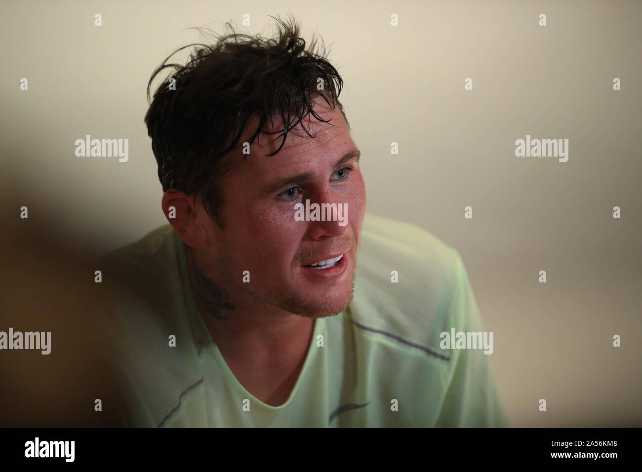 Darren Till speaks to the press during a media session at UFC Gym, Nottingham. Stock Photo