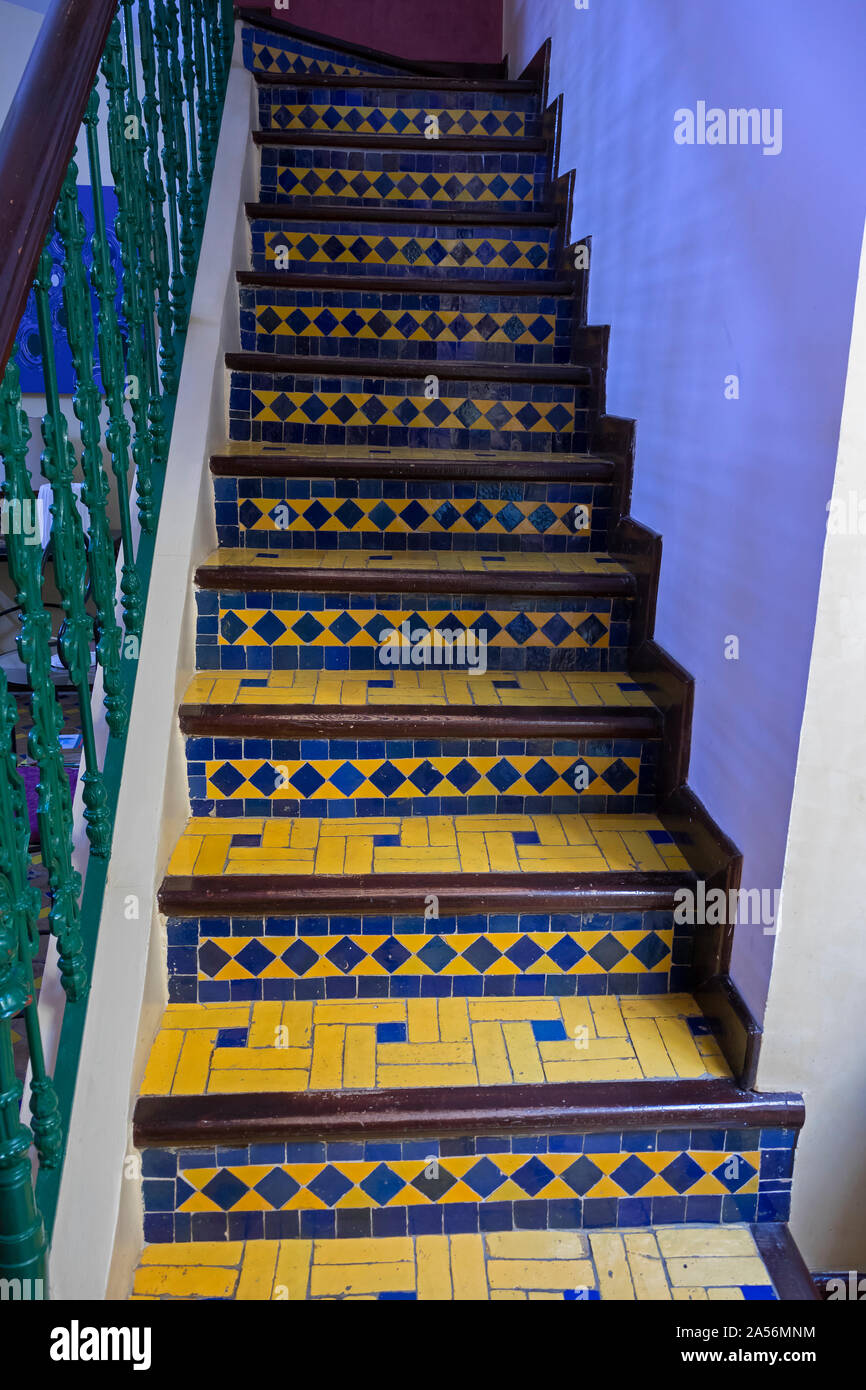 Traditional Moroccan stairs decorated with tiles in Assilah, Morocco Stock Photo