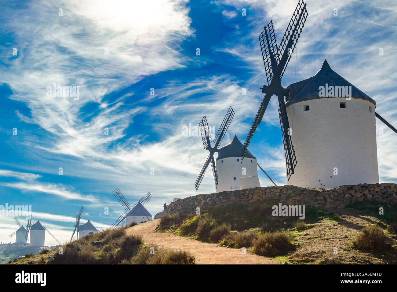 Set of windmills dating back to the 19th century on top of Cerro Calderico in Consuegra. December 26, 2018. Consuegra Toledo Castilla La Mancha Spain Stock Photo