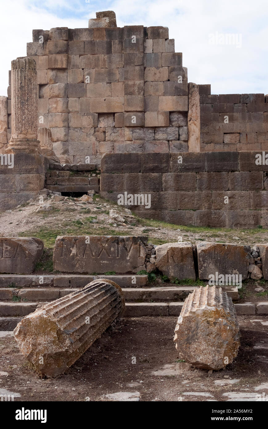 Ruins of the Capitoleum, a temple dedicated to Jupiter, Juno and Minverva, at the ancient Roman city of Lambaesis, Algeria, December 2007. Stock Photo