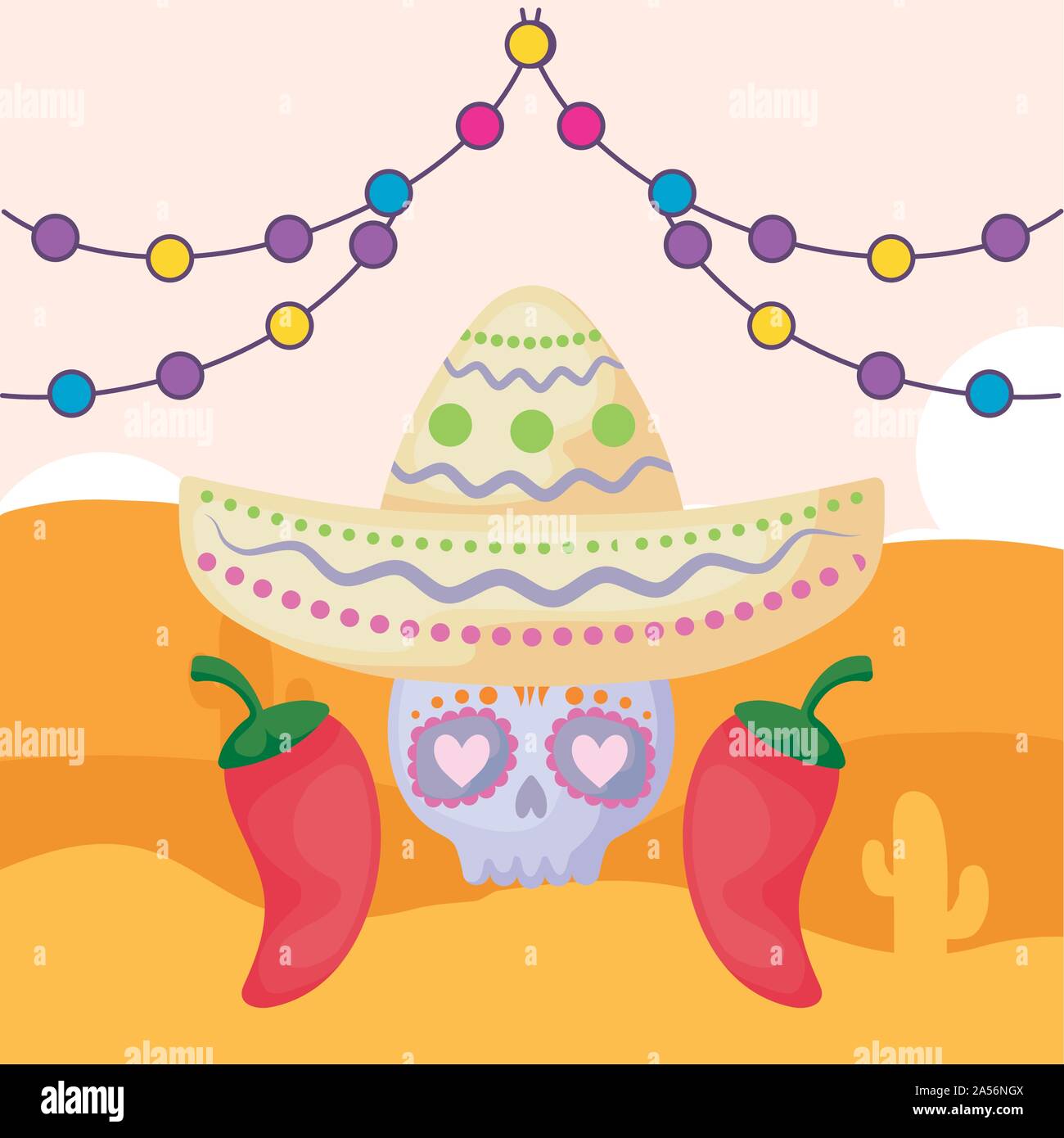 mexican skull with hat and desert in the background vector illustration ...