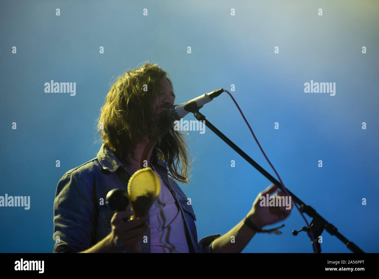 Denmark, Aarhus - June 6, 2019. The Australian musical project Tame Impala performs a live concert during the Danish music festival Northside 2019 in Aarhus. Here guitarist and musician Kevin Parker is seen live on stage. (Photo credit: Gonzales Photo - Joe Miller). Stock Photo