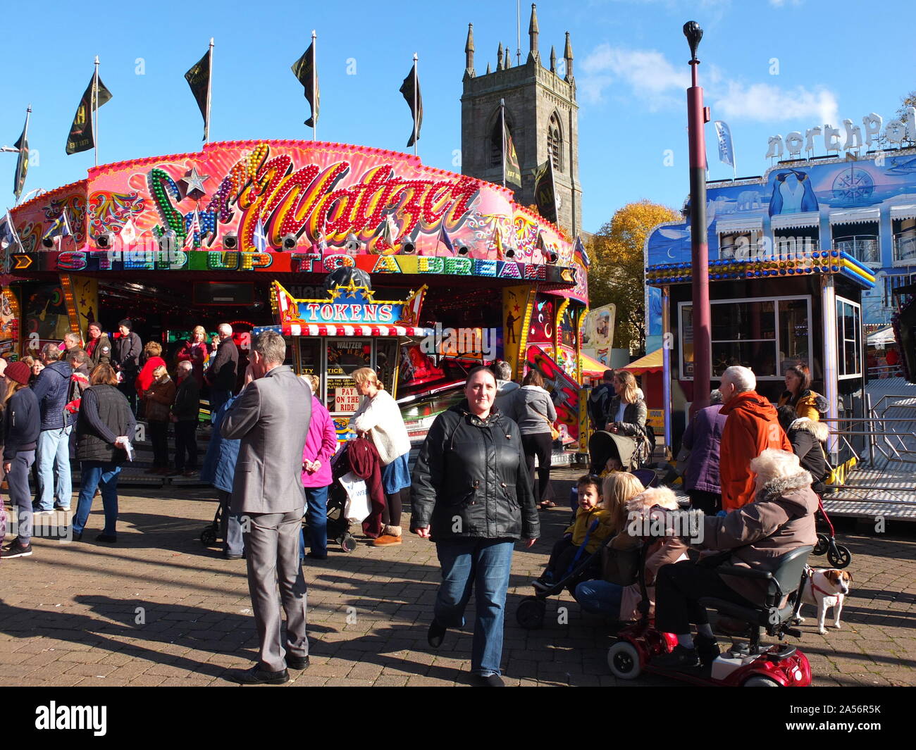 Fun fair rides in streets at Ilkeston Charter Fair 2019. One of the ...