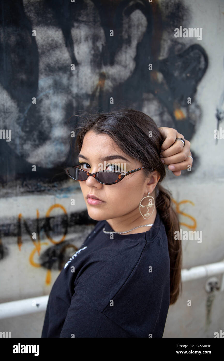 Vicky, side profile, sunglasses, Gloucester, 2019 Stock Photo