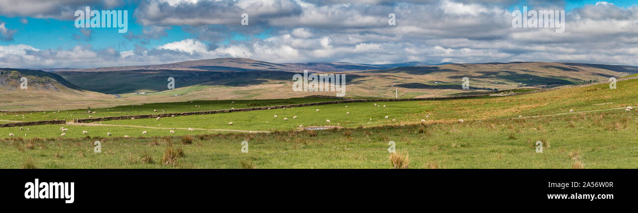 Upper Teesdale Panorama, Cronkley Scar, Widdybank Fell and Harwood in Spring Stock Photo