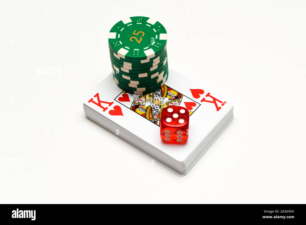 Casino objects playing cards dice casino chips isolated on white for playing chance and gambling games Stock Photo