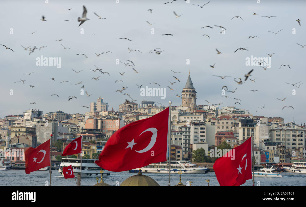 Galata Tower in Istanbul with the image of seagulls and Turkish flags Stock Photo