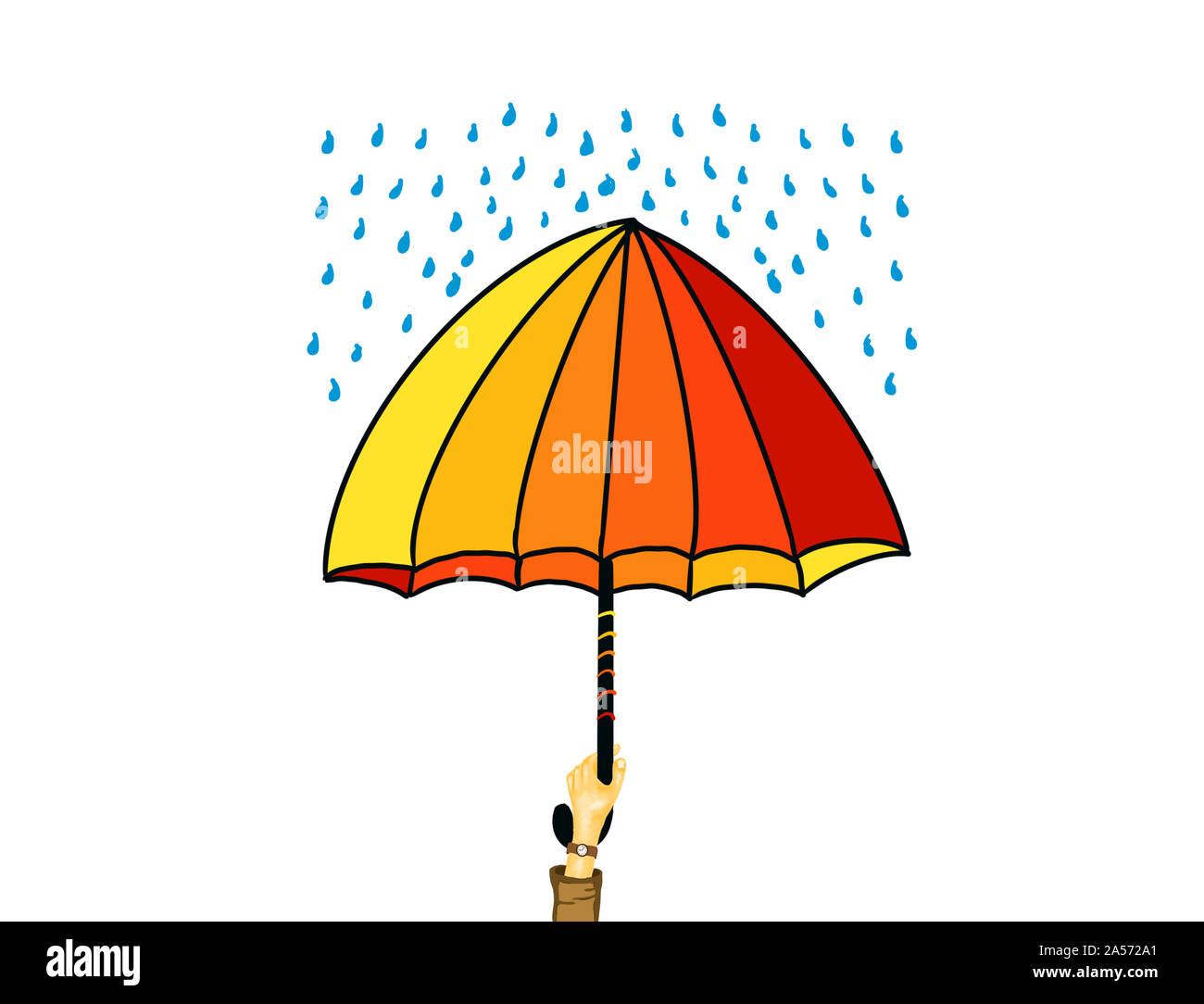 Illustration of feeling safe under umbrella in rainy weather. Stock Photo